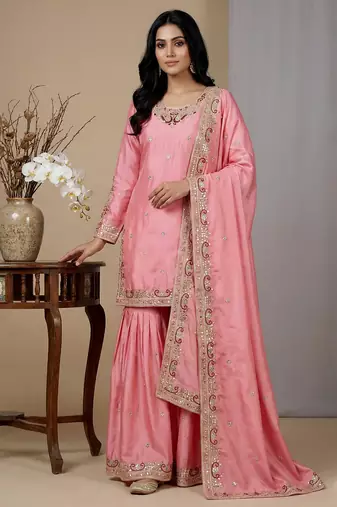 pink chinon festive kurta set