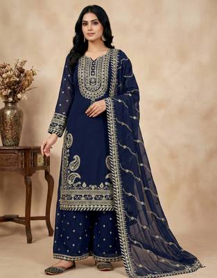 navy-blue faux georgette festive kurta set 1