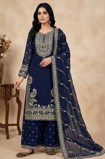 navy-blue faux georgette festive kurta set