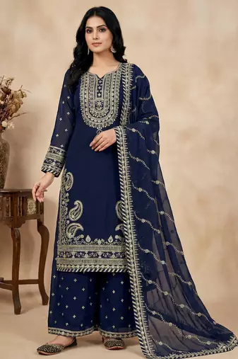 navy-blue faux georgette festive kurta set