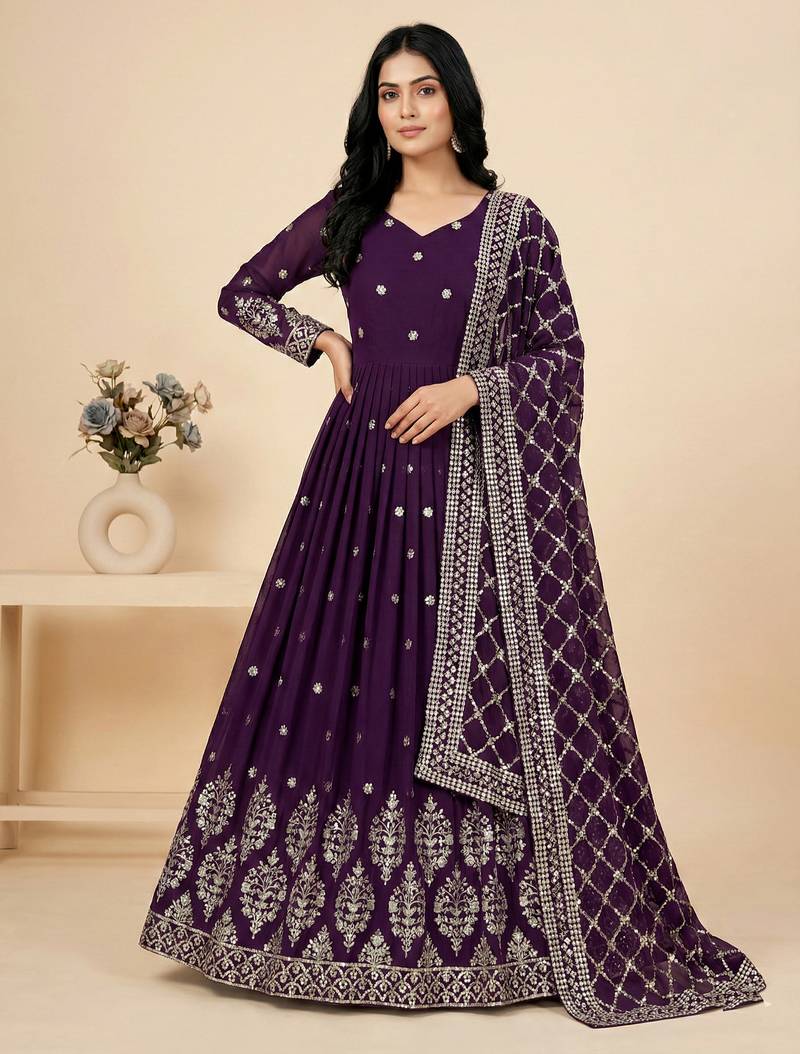 wine faux georgette festive wear anarkali