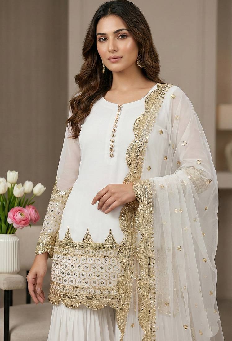 white faux georgette festive kurta set