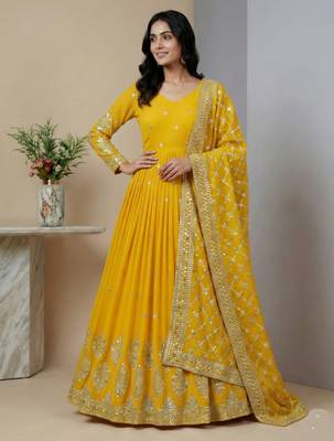 yellow faux georgette festive wear anarkali 2