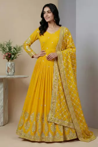 yellow faux georgette festive wear anarkali