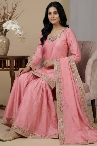 pink chinon festive kurta set