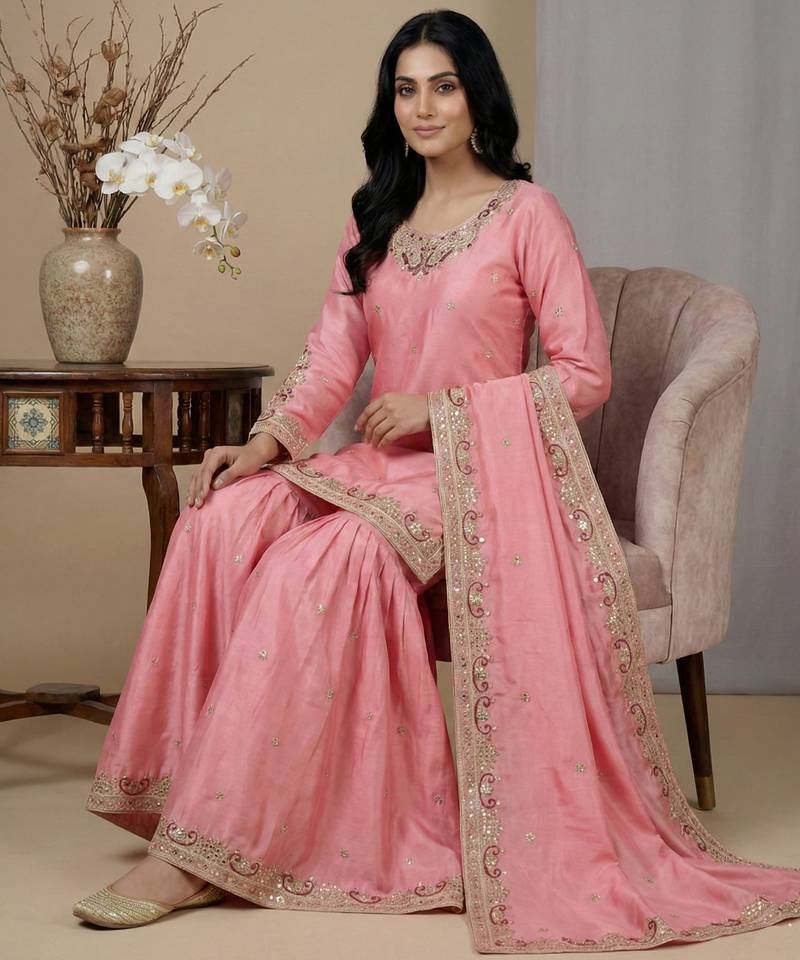 pink chinon festive kurta set