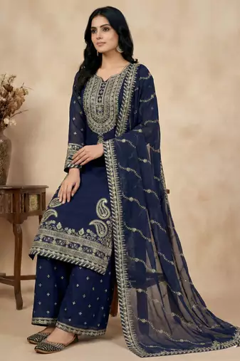 navy-blue faux georgette festive kurta set