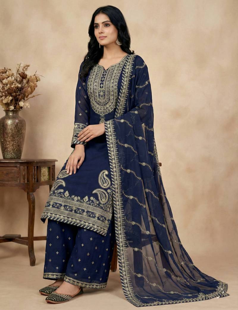 navy-blue faux georgette festive kurta set