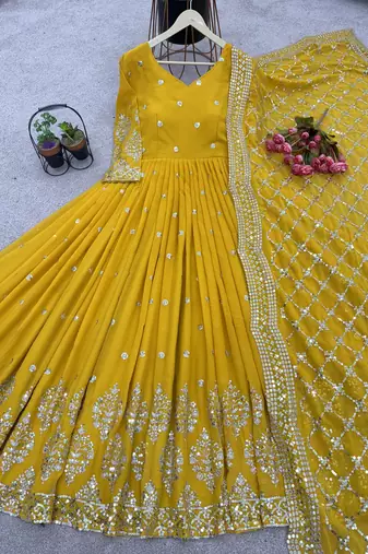 yellow faux georgette festive wear anarkali
