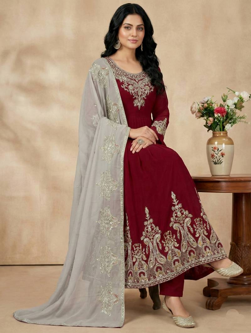 maroon georgette festive kurta set