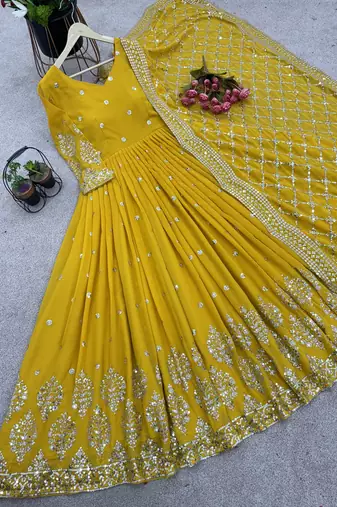 yellow faux georgette festive wear anarkali