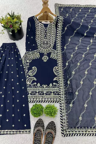 navy-blue faux georgette festive kurta set