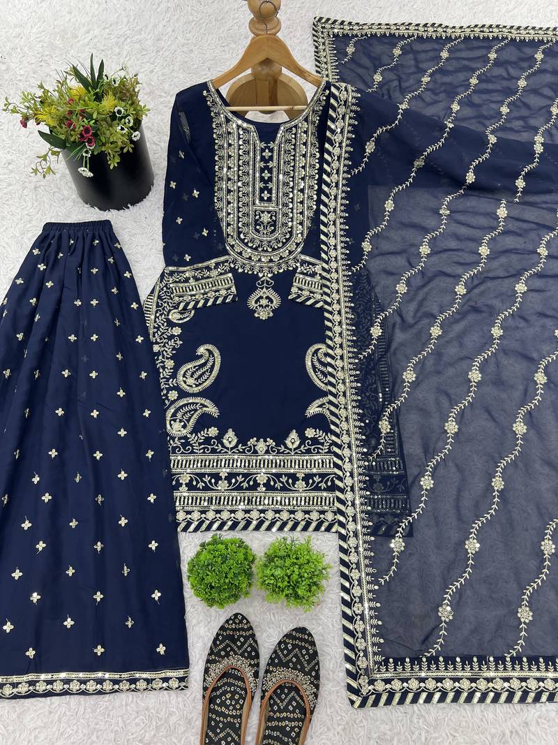 navy-blue faux georgette festive kurta set