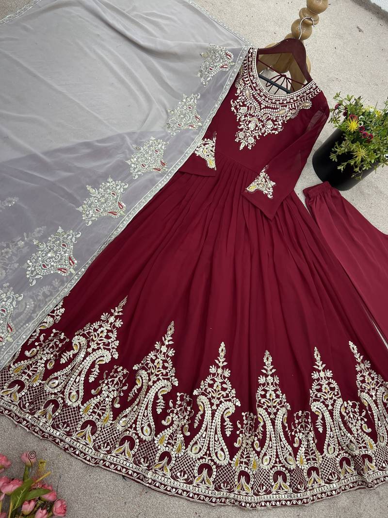 maroon georgette festive kurta set