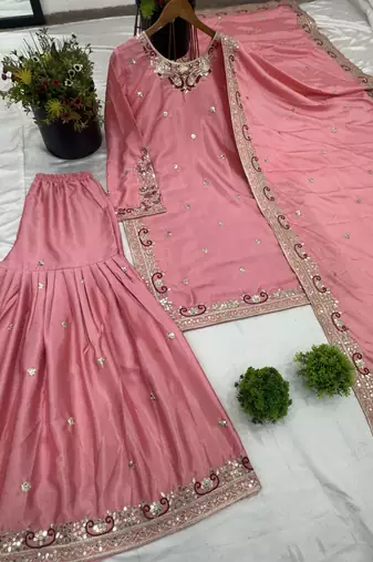 pink chinon festive kurta set