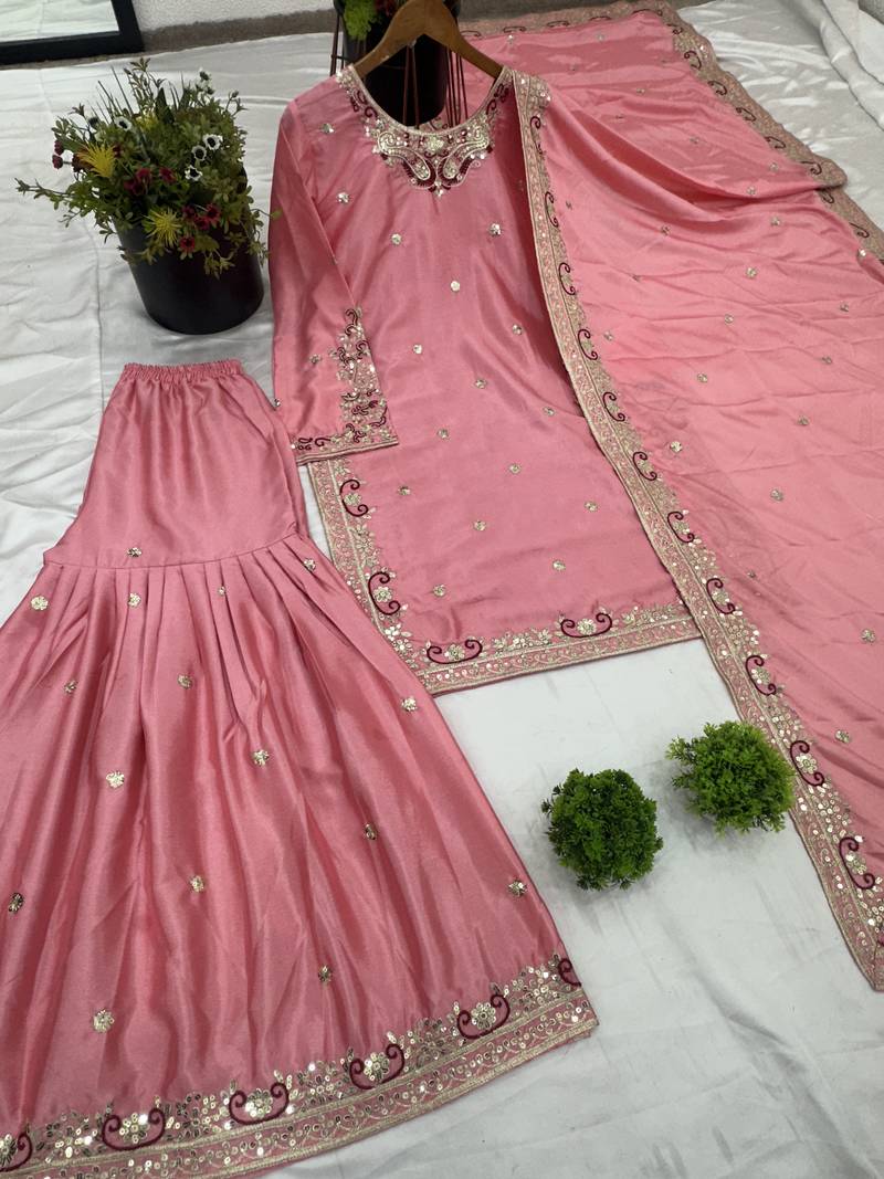 pink chinon festive kurta set