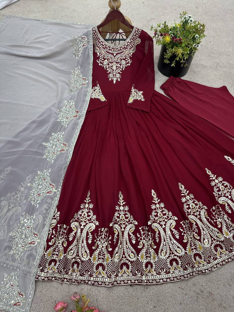 maroon georgette festive kurta set