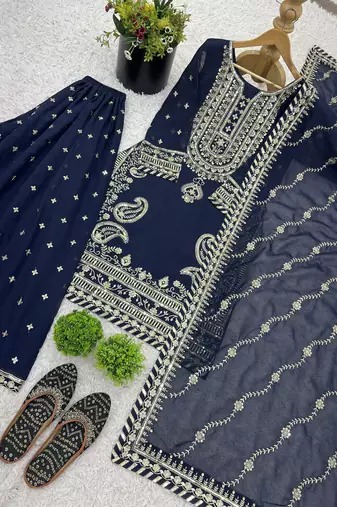 navy-blue faux georgette festive kurta set