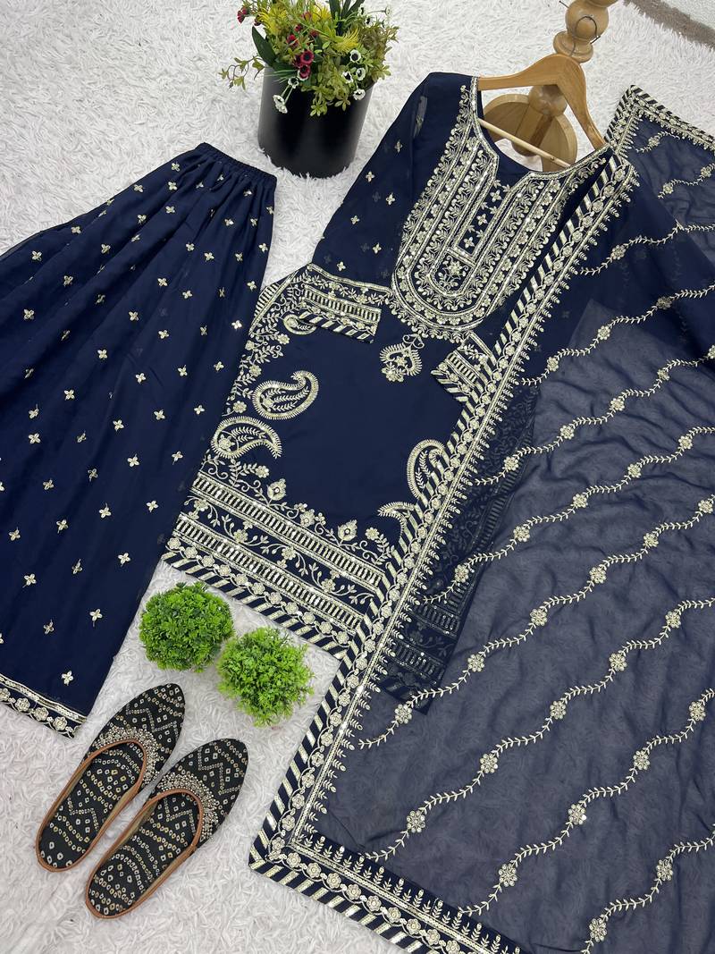 navy-blue faux georgette festive kurta set