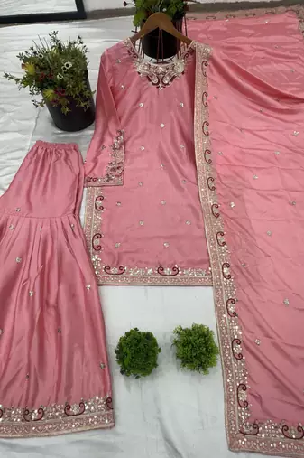 pink chinon festive kurta set