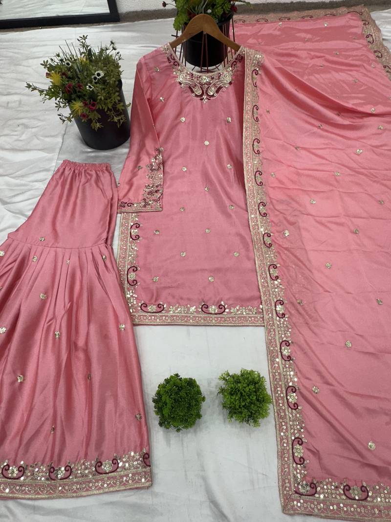 pink chinon festive kurta set
