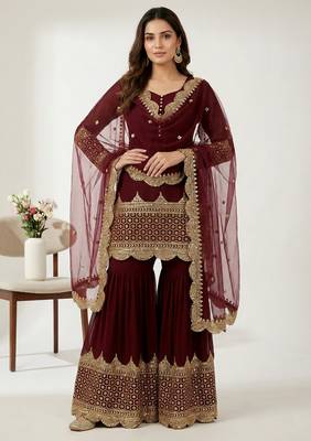 maroon faux georgette festive kurta set 1
