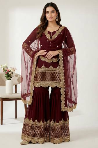 maroon faux georgette festive kurta set