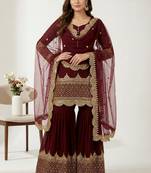 maroon faux georgette festive kurta set
