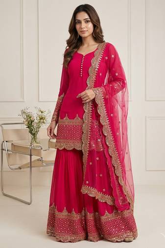 rani-pink faux georgette festive kurta set