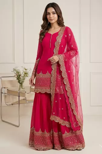 rani-pink faux georgette festive kurta set