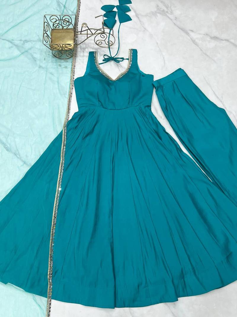blue chanderi silk festive kurta set