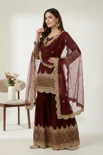 maroon faux georgette festive kurta set