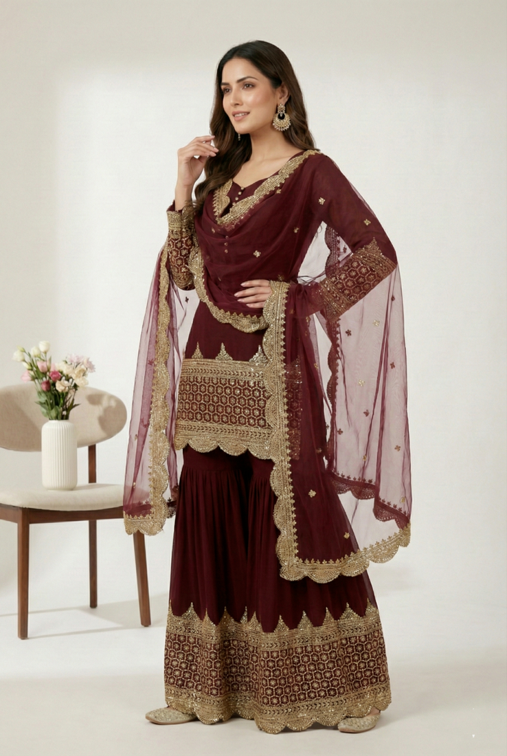 maroon faux georgette festive kurta set