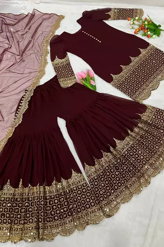 maroon faux georgette festive kurta set