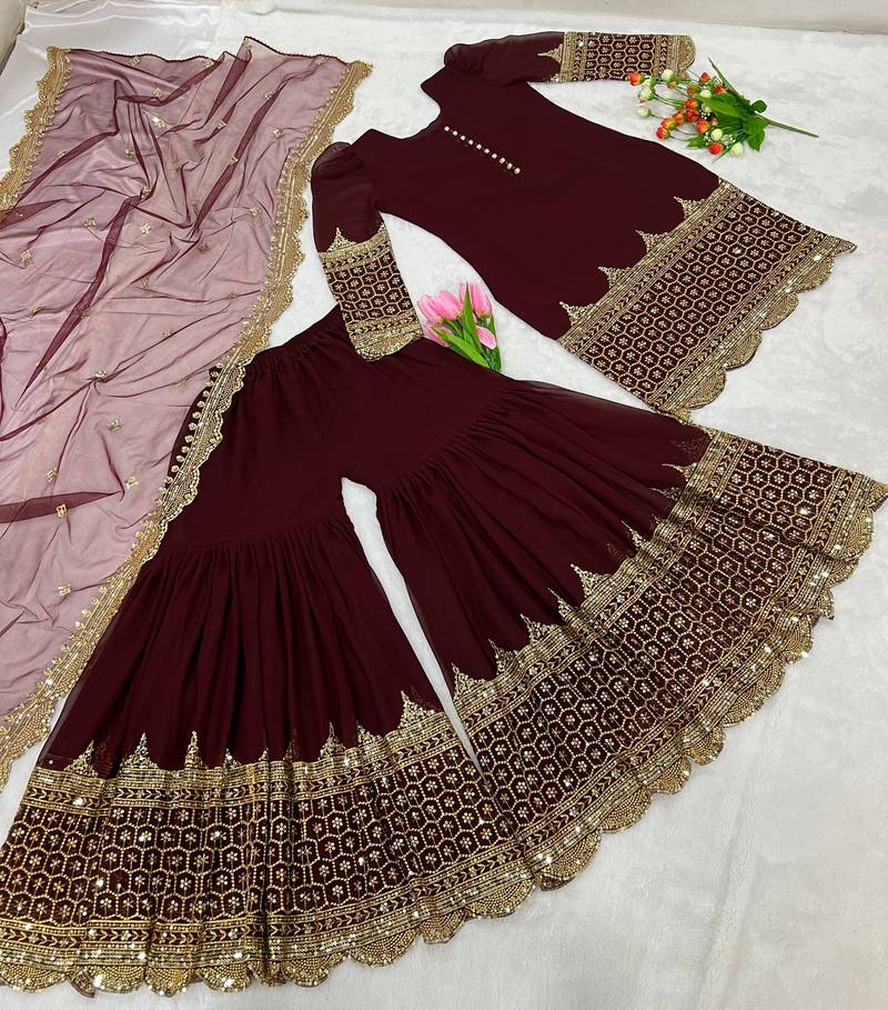 maroon faux georgette festive kurta set