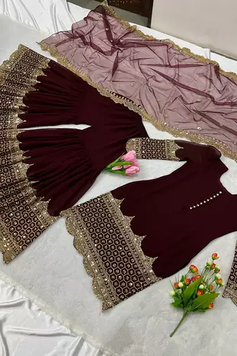 maroon faux georgette festive kurta set