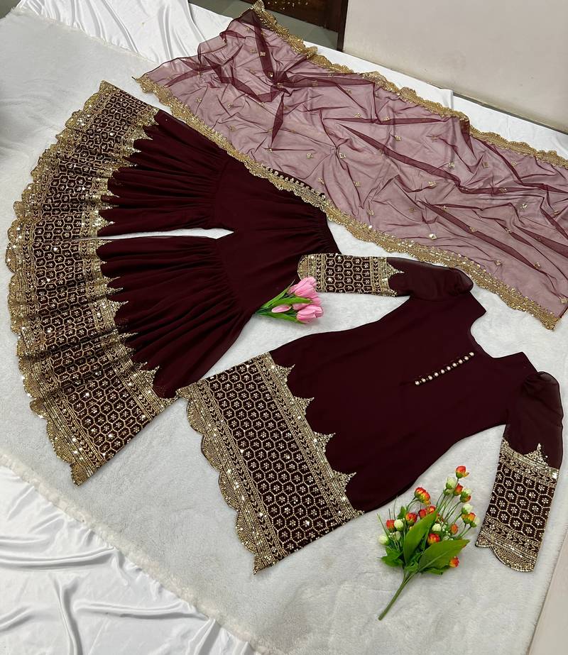 maroon faux georgette festive kurta set