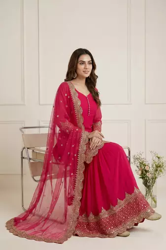 rani-pink faux georgette festive kurta set