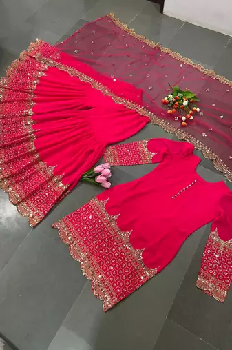 rani-pink faux georgette festive kurta set