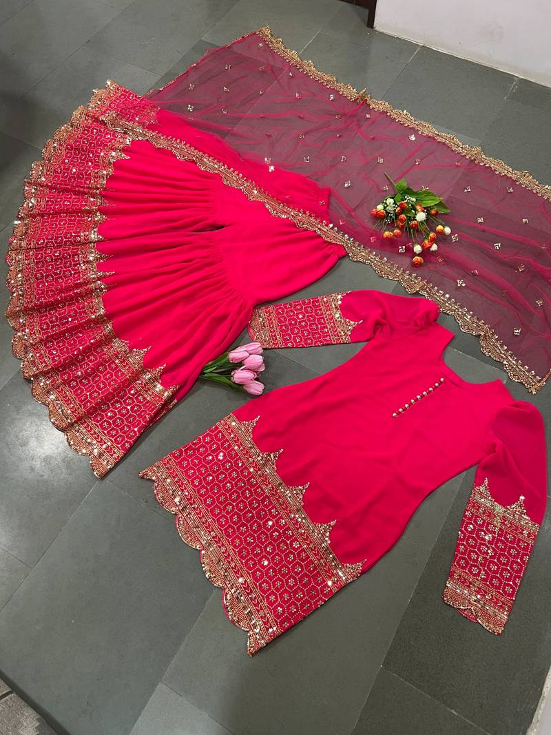 rani-pink faux georgette festive kurta set