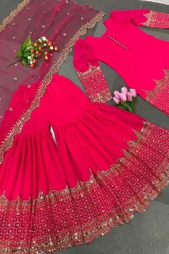 rani-pink faux georgette festive kurta set