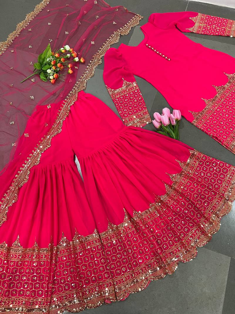 rani-pink faux georgette festive kurta set