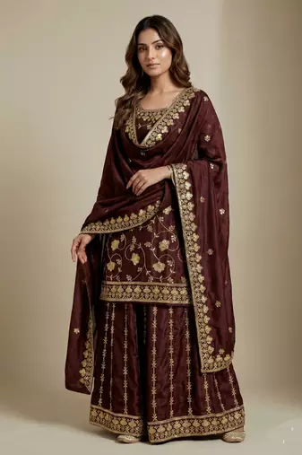 brown chinon festive kurta set