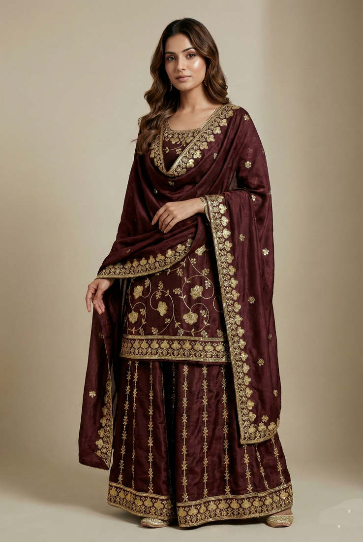 brown chinon festive kurta set