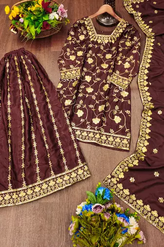 brown chinon festive kurta set