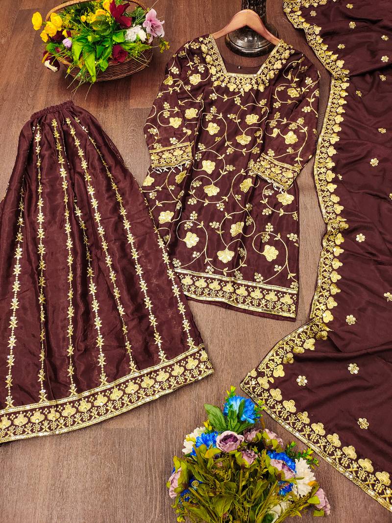 brown chinon festive kurta set