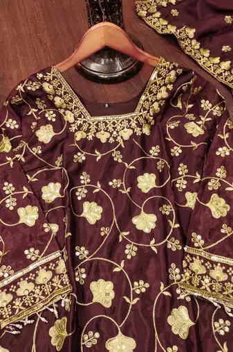 brown chinon festive kurta set