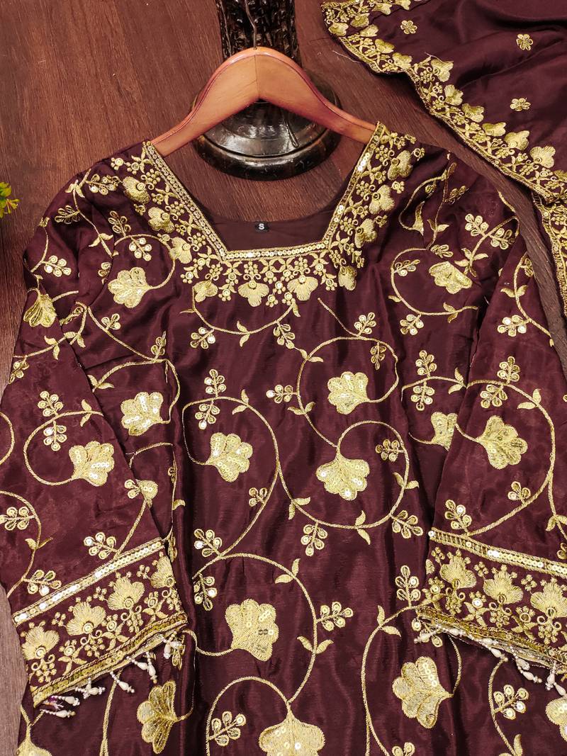 brown chinon festive kurta set