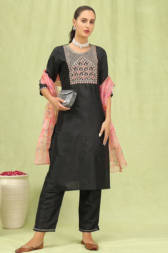 black silk blend festive kurta set