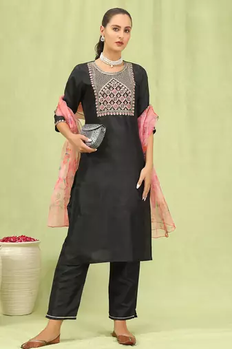 black silk blend festive kurta set